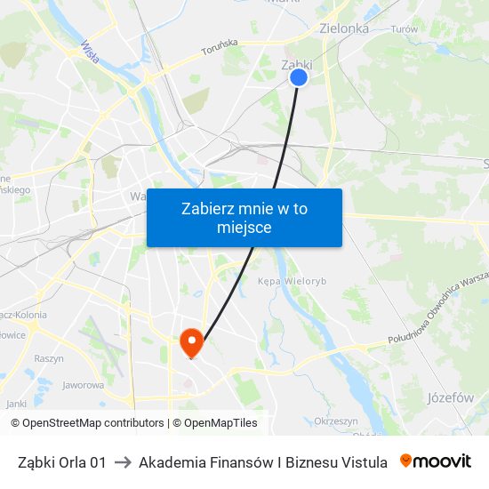 Ząbki Orla 01 to Akademia Finansów I Biznesu Vistula map