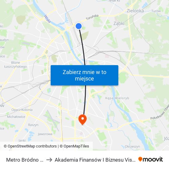 Metro Bródno 15 to Akademia Finansów I Biznesu Vistula map