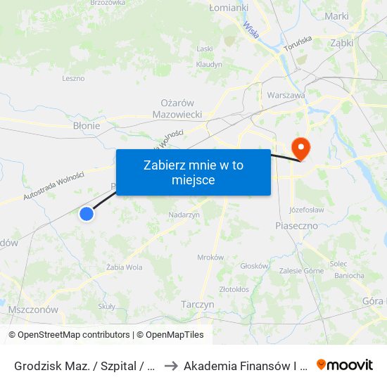 Grodzisk Maz. / Szpital / Kołłątaja 01 (Nż) to Akademia Finansów I Biznesu Vistula map