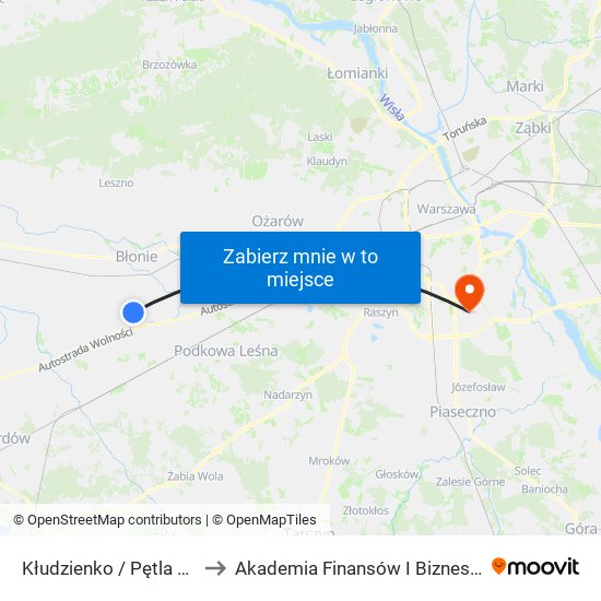 Kłudzienko / Pętla 01 (Nż) to Akademia Finansów I Biznesu Vistula map