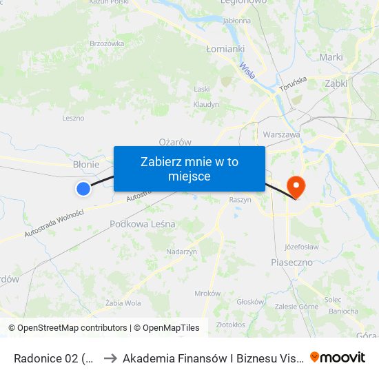 Radonice (Nż) to Akademia Finansów I Biznesu Vistula map