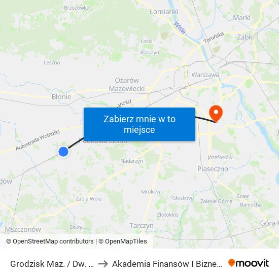 Grodzisk Maz. / Dw. PKP 01 to Akademia Finansów I Biznesu Vistula map