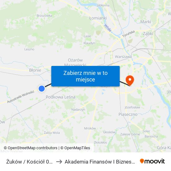 Żuków / Kościół to Akademia Finansów I Biznesu Vistula map