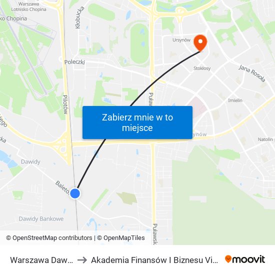 Warszawa Dawidy to Akademia Finansów I Biznesu Vistula map