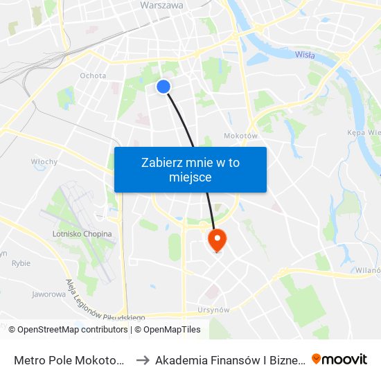 Metro Pole Mokotowskie to Akademia Finansów I Biznesu Vistula map