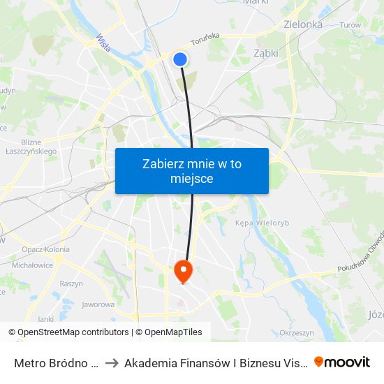 Metro Bródno to Akademia Finansów I Biznesu Vistula map