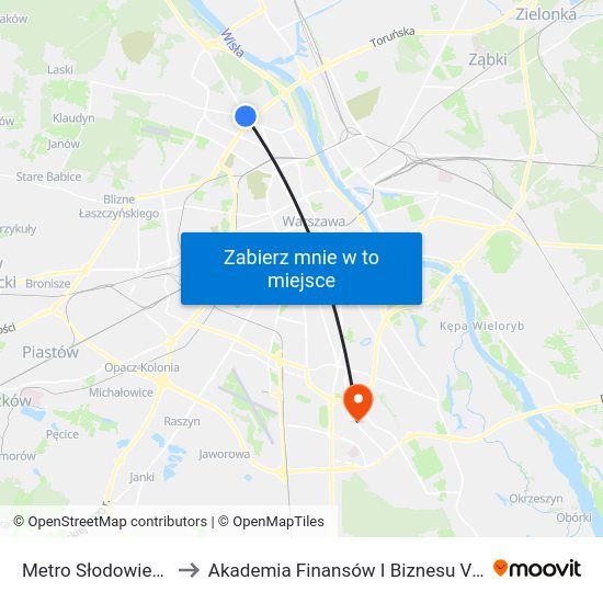 Metro Słodowiec to Akademia Finansów I Biznesu Vistula map