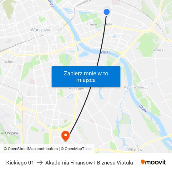 Kickiego 01 to Akademia Finansów I Biznesu Vistula map