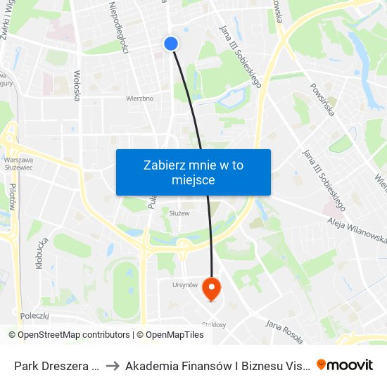 Park Dreszera 06 to Akademia Finansów I Biznesu Vistula map
