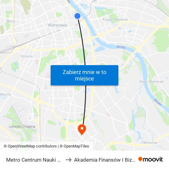 Metro Centrum Nauki Kopernik 04 to Akademia Finansów I Biznesu Vistula map