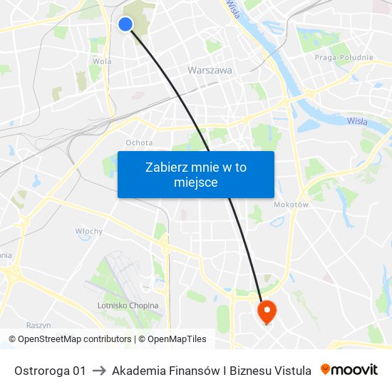 Ostroroga 01 to Akademia Finansów I Biznesu Vistula map