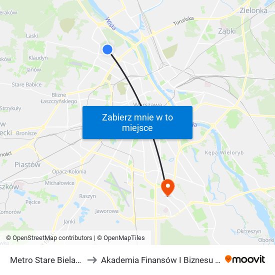 Metro Stare Bielany to Akademia Finansów I Biznesu Vistula map