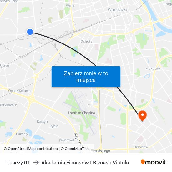 Tkaczy 01 to Akademia Finansów I Biznesu Vistula map