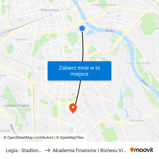 Legia - Stadion 01 to Akademia Finansów I Biznesu Vistula map