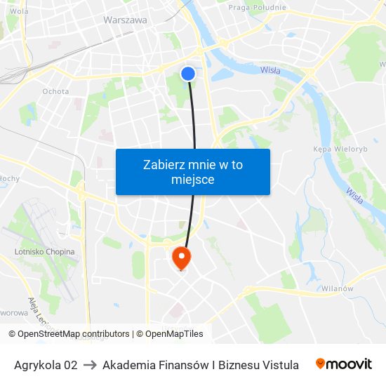 Agrykola to Akademia Finansów I Biznesu Vistula map