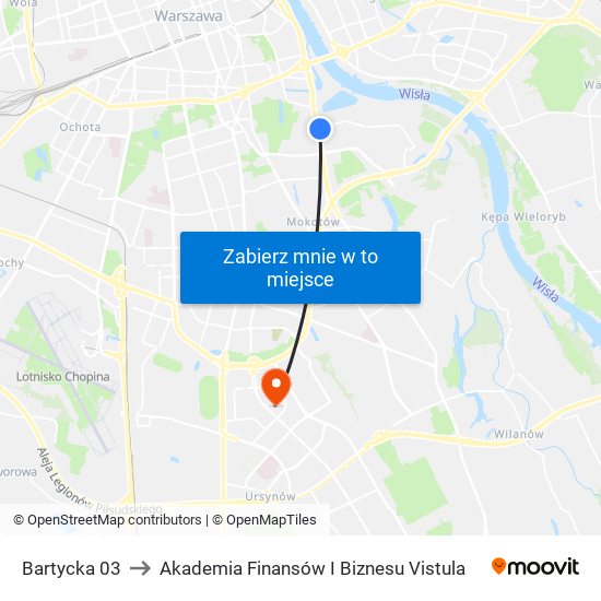 Bartycka 03 to Akademia Finansów I Biznesu Vistula map