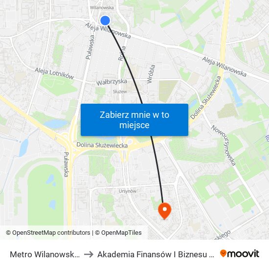 Metro Wilanowska 10 to Akademia Finansów I Biznesu Vistula map