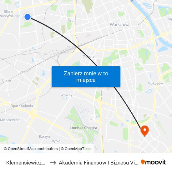 Klemensiewicza 01 to Akademia Finansów I Biznesu Vistula map