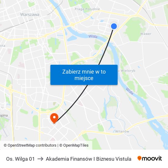 Os. Wilga 01 to Akademia Finansów I Biznesu Vistula map