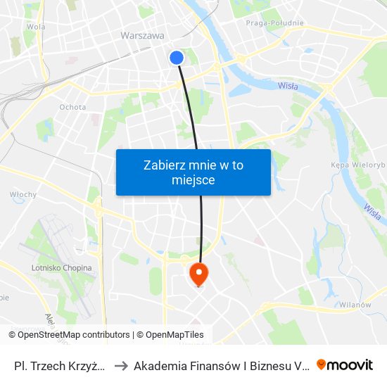 Pl. Trzech Krzyży 01 to Akademia Finansów I Biznesu Vistula map