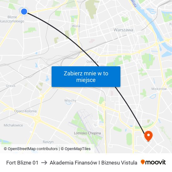 Fort Blizne 01 to Akademia Finansów I Biznesu Vistula map