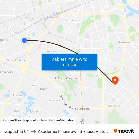 Zapustna 01 to Akademia Finansów I Biznesu Vistula map