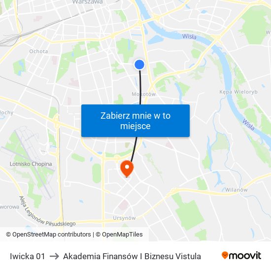 Iwicka 01 to Akademia Finansów I Biznesu Vistula map