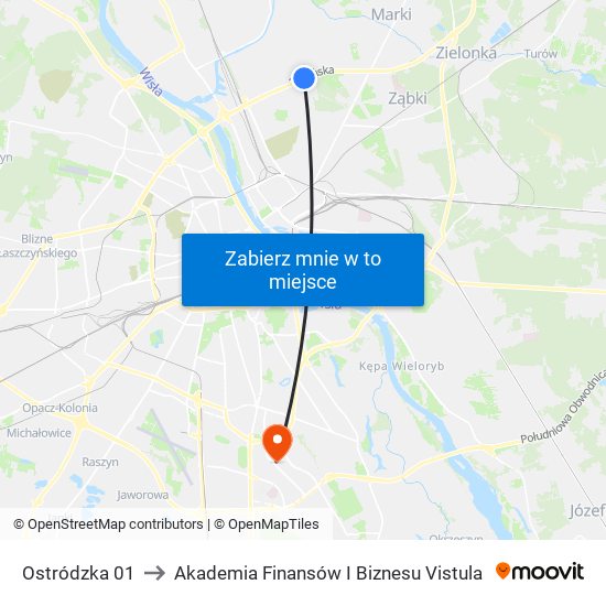 Ostródzka 01 to Akademia Finansów I Biznesu Vistula map