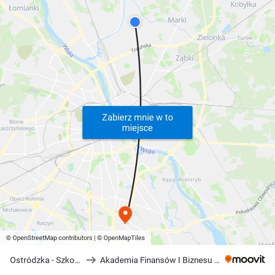 Ostródzka - Szkoła 01 to Akademia Finansów I Biznesu Vistula map