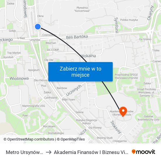 Metro Ursynów 02 to Akademia Finansów I Biznesu Vistula map