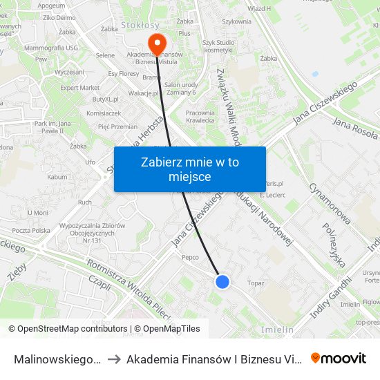 Malinowskiego 01 to Akademia Finansów I Biznesu Vistula map