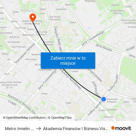 Metro Imielin 01 to Akademia Finansów I Biznesu Vistula map