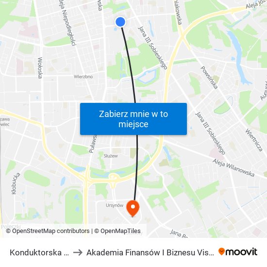 Konduktorska 02 to Akademia Finansów I Biznesu Vistula map