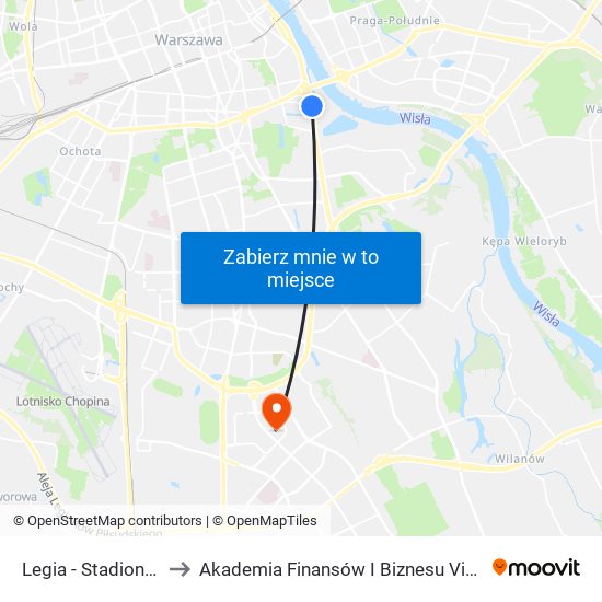 Legia - Stadion 03 to Akademia Finansów I Biznesu Vistula map