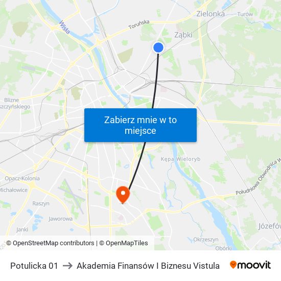 Potulicka 01 to Akademia Finansów I Biznesu Vistula map