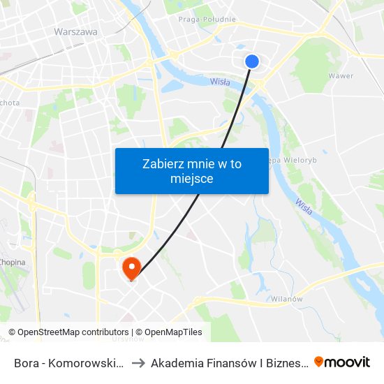 Bora - Komorowskiego 01 to Akademia Finansów I Biznesu Vistula map