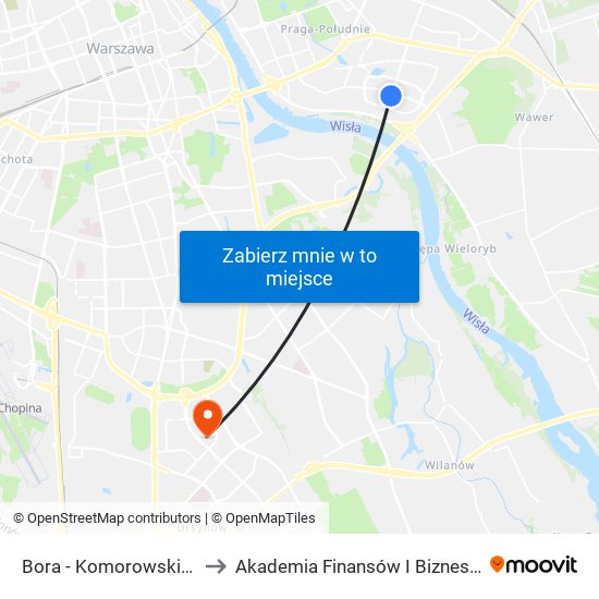 Bora - Komorowskiego 03 to Akademia Finansów I Biznesu Vistula map