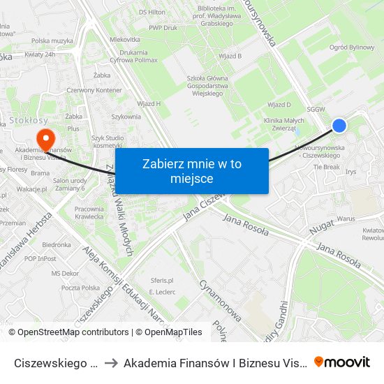 Ciszewskiego 02 to Akademia Finansów I Biznesu Vistula map