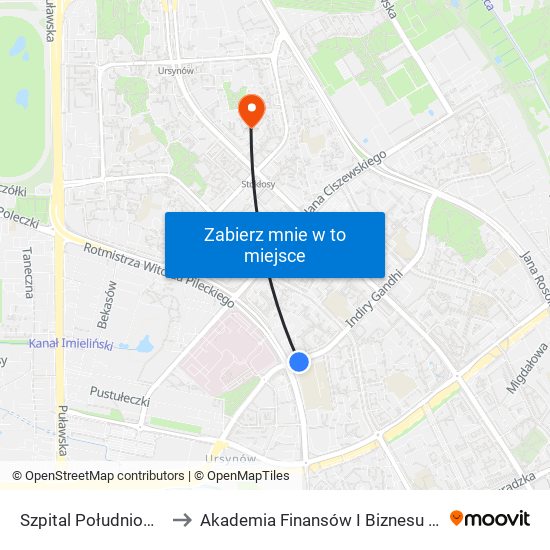 Szpital Południowy to Akademia Finansów I Biznesu Vistula map