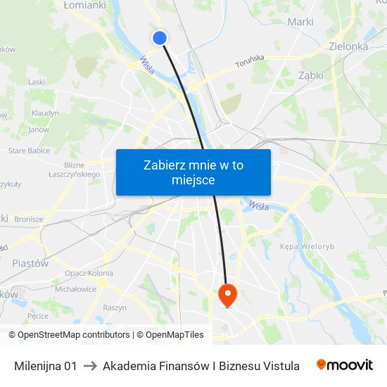 Milenijna 01 to Akademia Finansów I Biznesu Vistula map