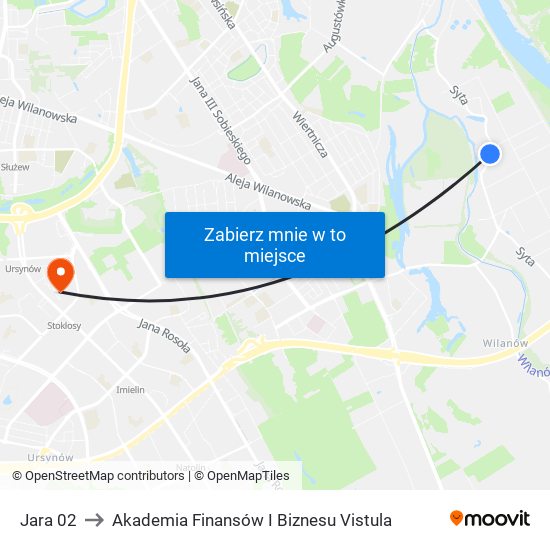 Jara 02 to Akademia Finansów I Biznesu Vistula map