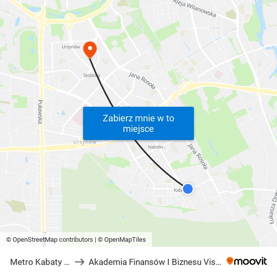 Metro Kabaty 03 to Akademia Finansów I Biznesu Vistula map