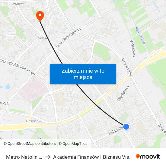 Metro Natolin 01 to Akademia Finansów I Biznesu Vistula map