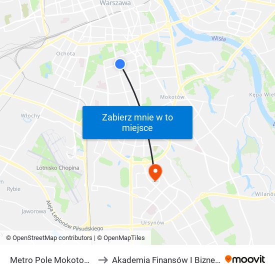 Metro Pole Mokotowskie 08 to Akademia Finansów I Biznesu Vistula map