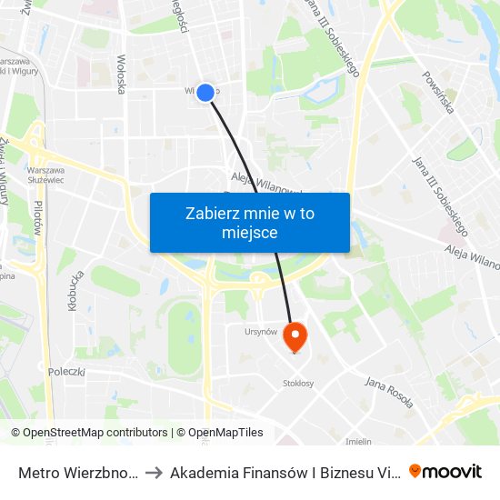 Metro Wierzbno 01 to Akademia Finansów I Biznesu Vistula map