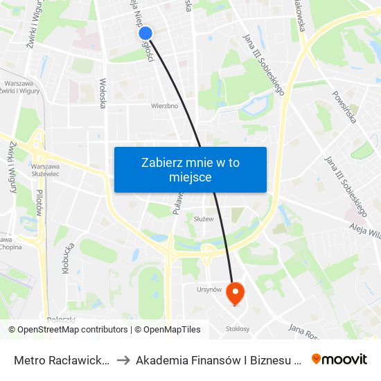 Metro Racławicka 02 to Akademia Finansów I Biznesu Vistula map