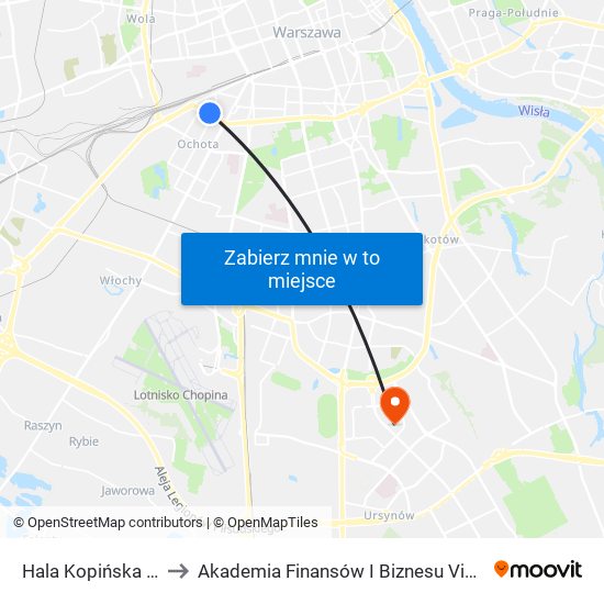 Hala Kopińska 02 to Akademia Finansów I Biznesu Vistula map