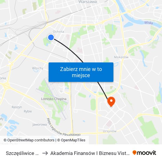 Szczęśliwice to Akademia Finansów I Biznesu Vistula map