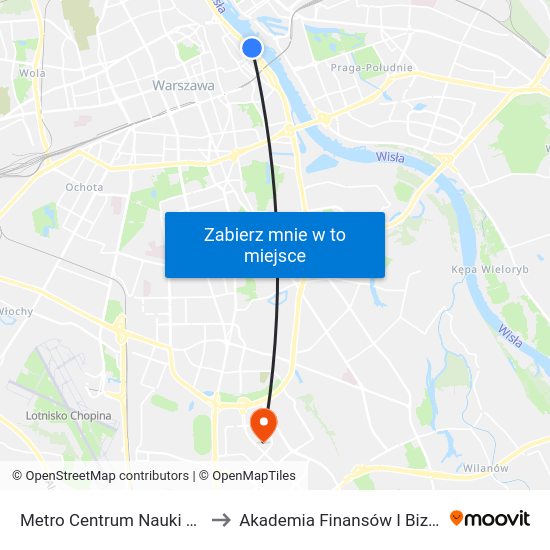 Metro Centrum Nauki Kopernik 02 to Akademia Finansów I Biznesu Vistula map