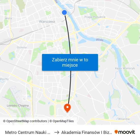 Metro Centrum Nauki Kopernik to Akademia Finansów I Biznesu Vistula map